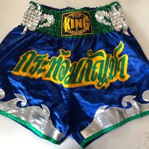Top King Muay Thai Boxing Shorts, Waist 35” to 40”, Blue Green Yellow And Silver